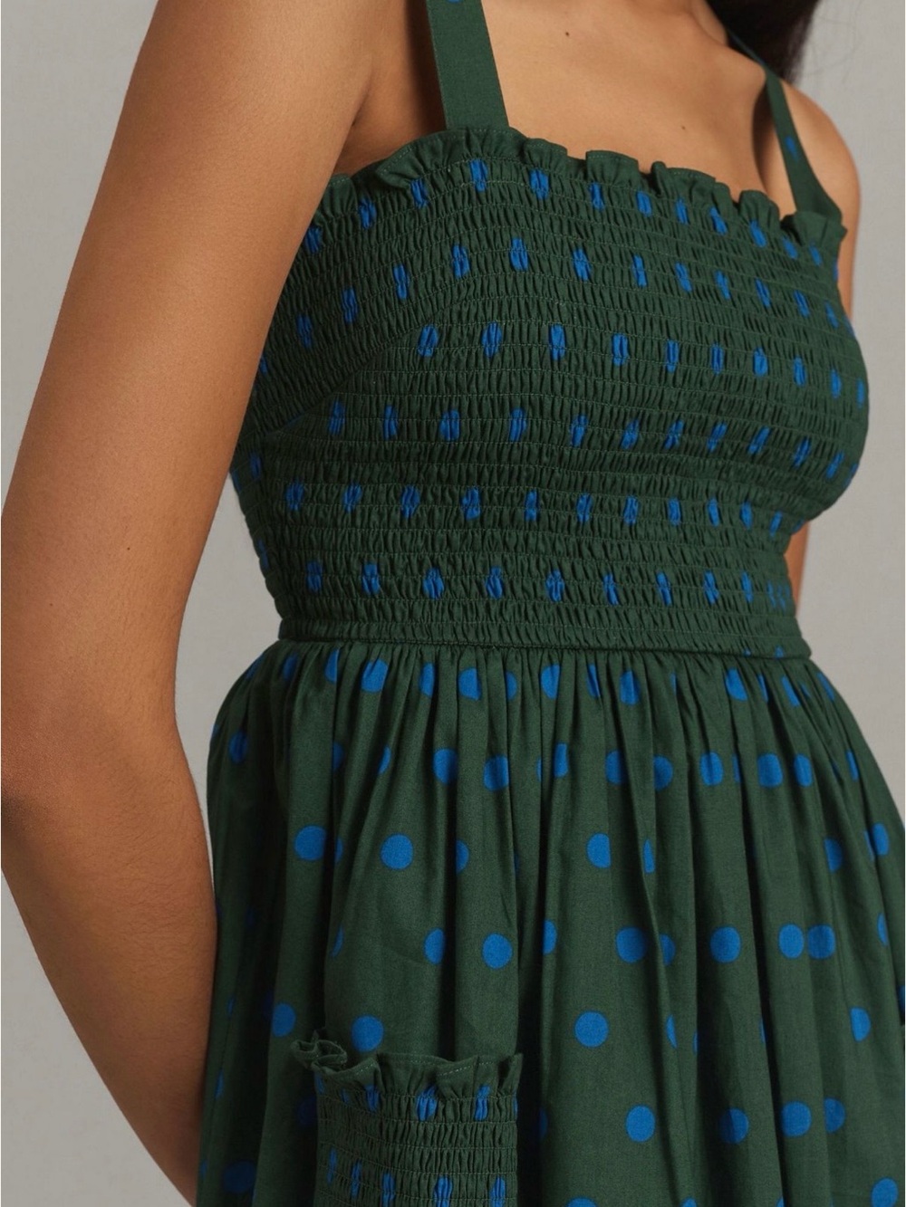 Anthropologie Green Midi Dress with Blue Polka Dots - Picture 3 of 8